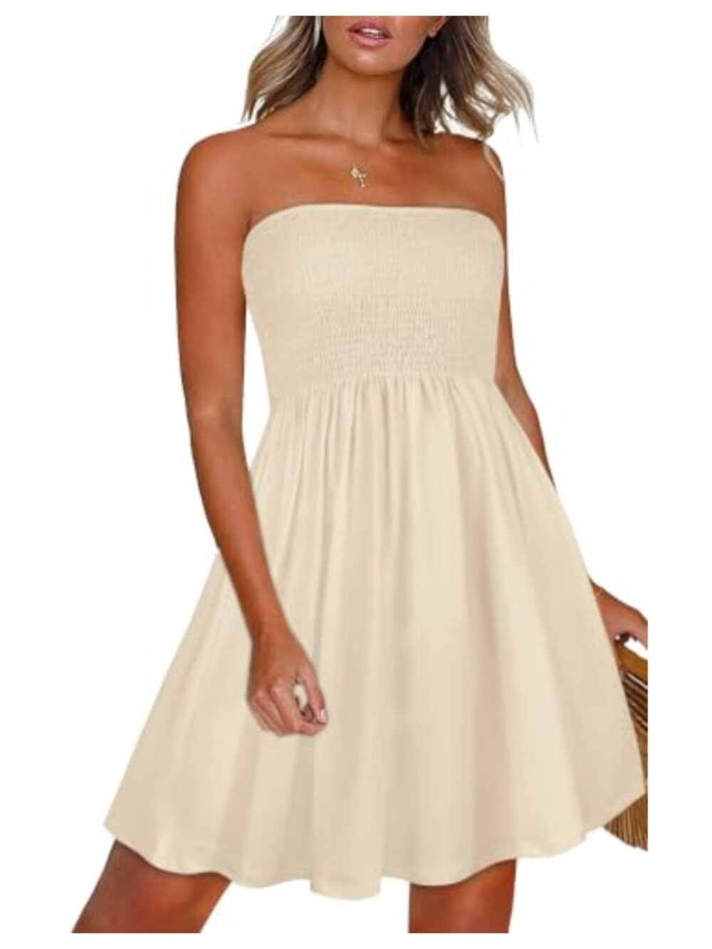 Strapless Boho Sundress for Women Swing Hem Knee Length Beach Cover Up Cotton